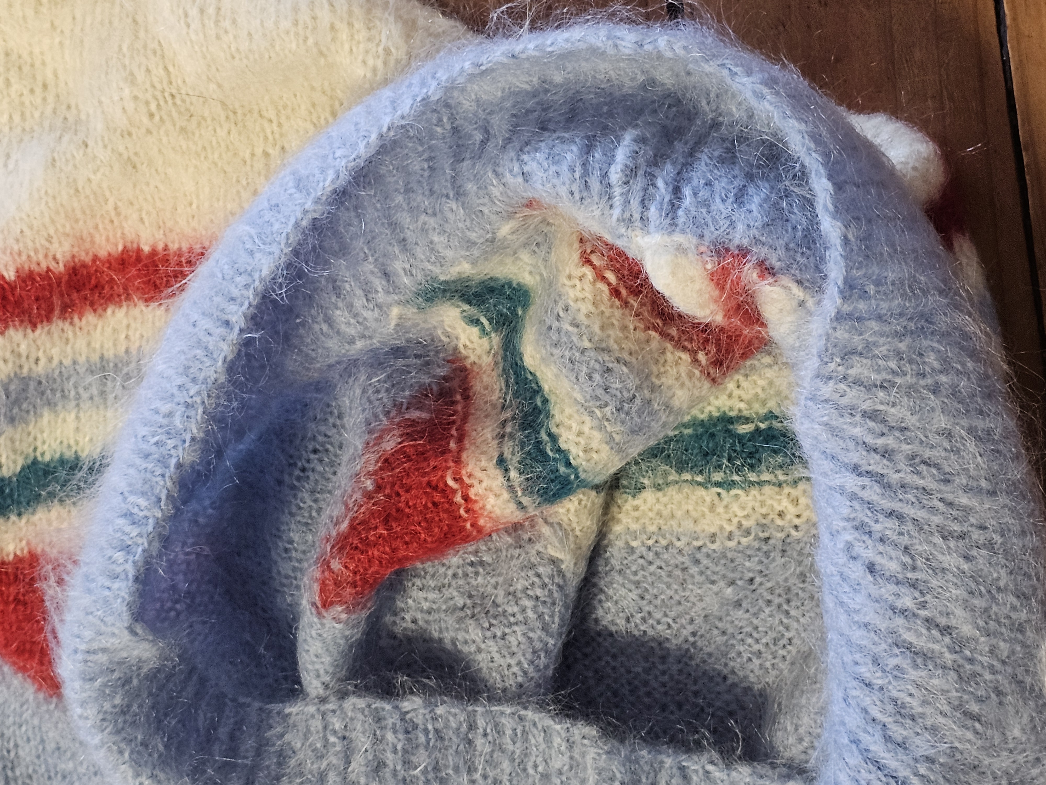 Vintage Hand Knitted Blue Mohair Cowl Neck Sweater