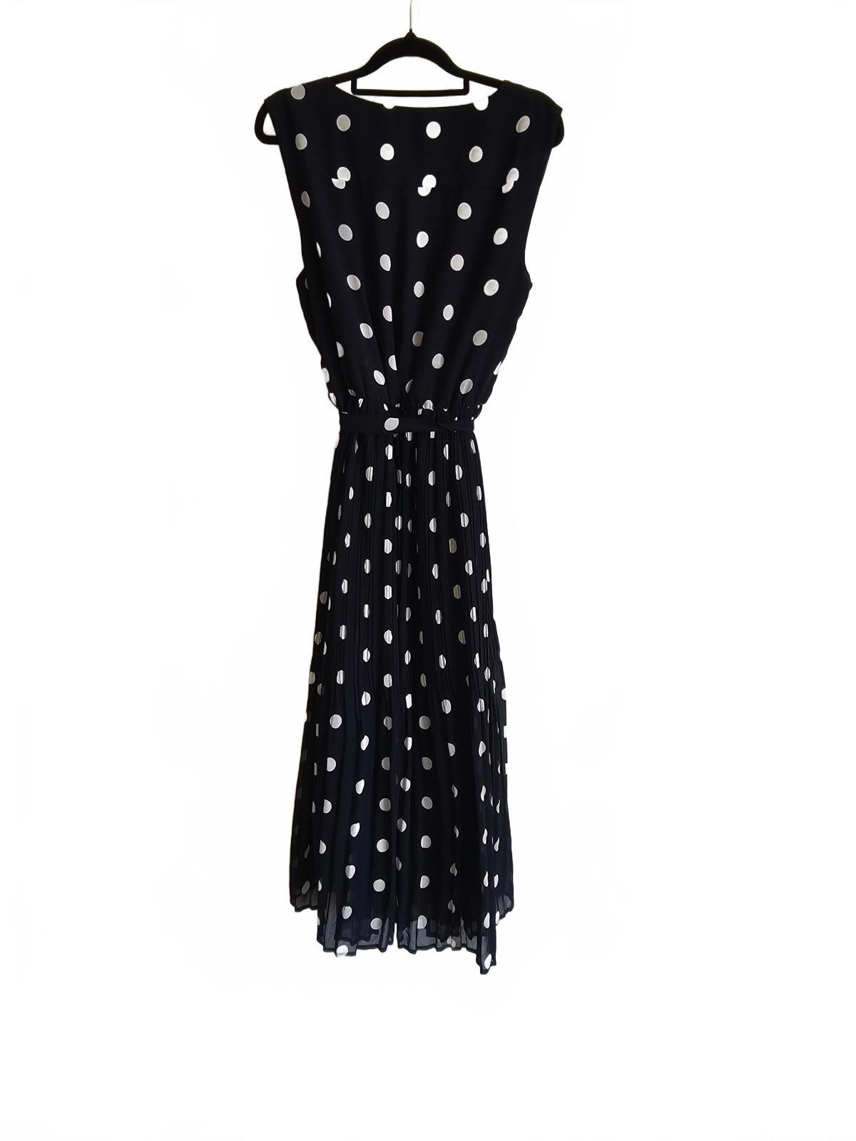 Jacquie E Navy Polka Dot Pleated Midi Dress – Size 10