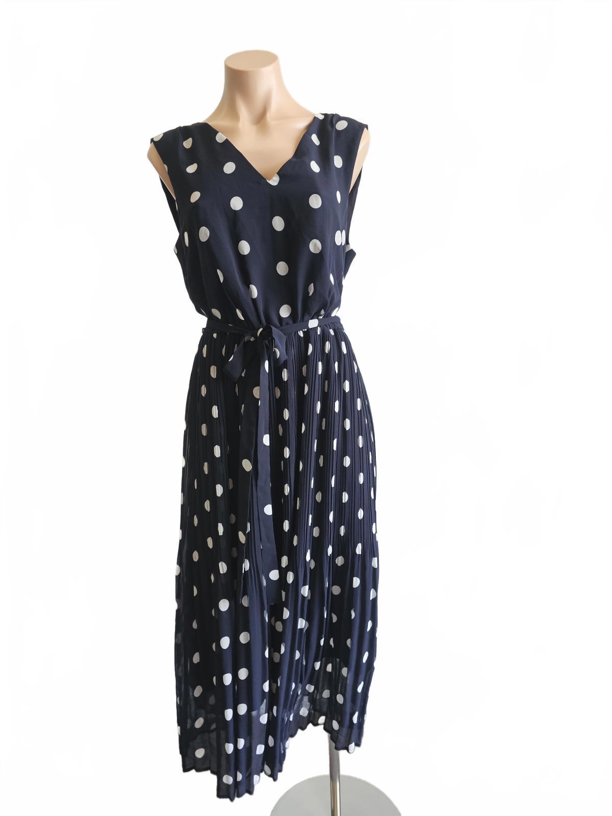 Jacquie E Navy Polka Dot Pleated Midi Dress – Size 10