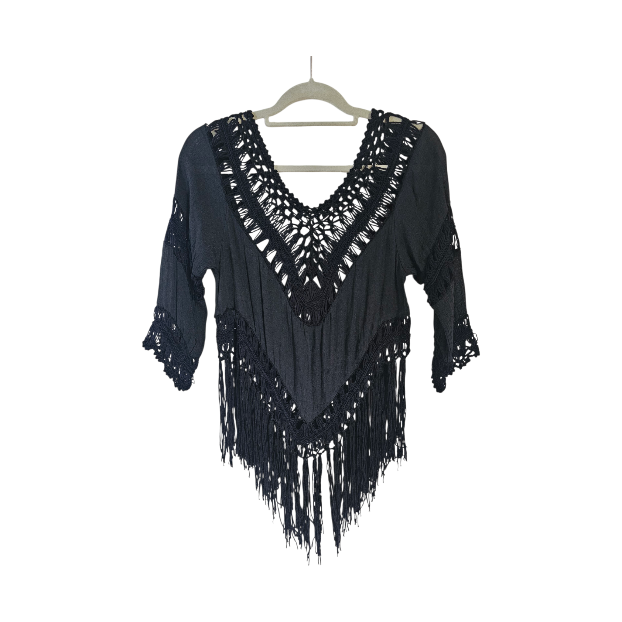 Just in black fringed top