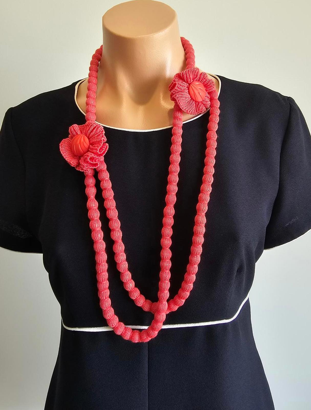 Handmade knitted coral floral necklace statement piece 