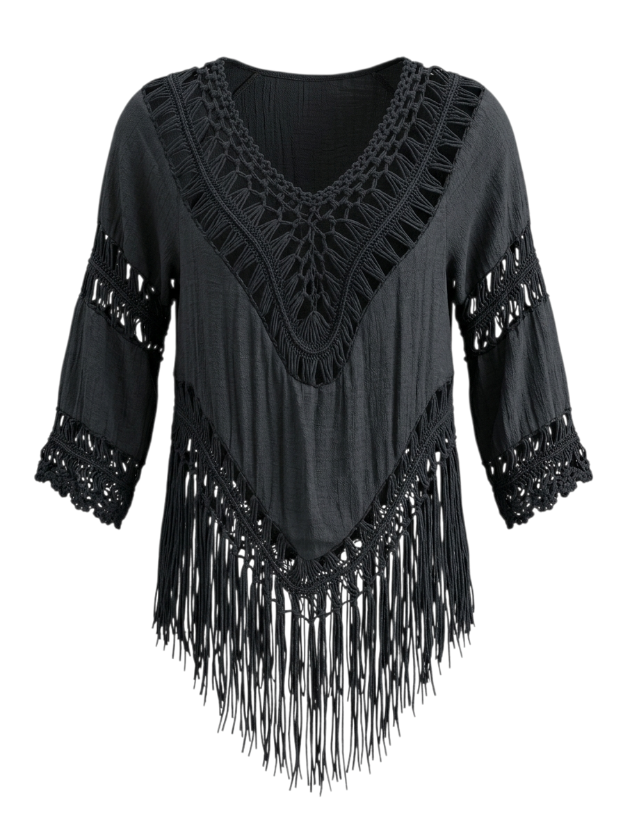 Just in black fringed top