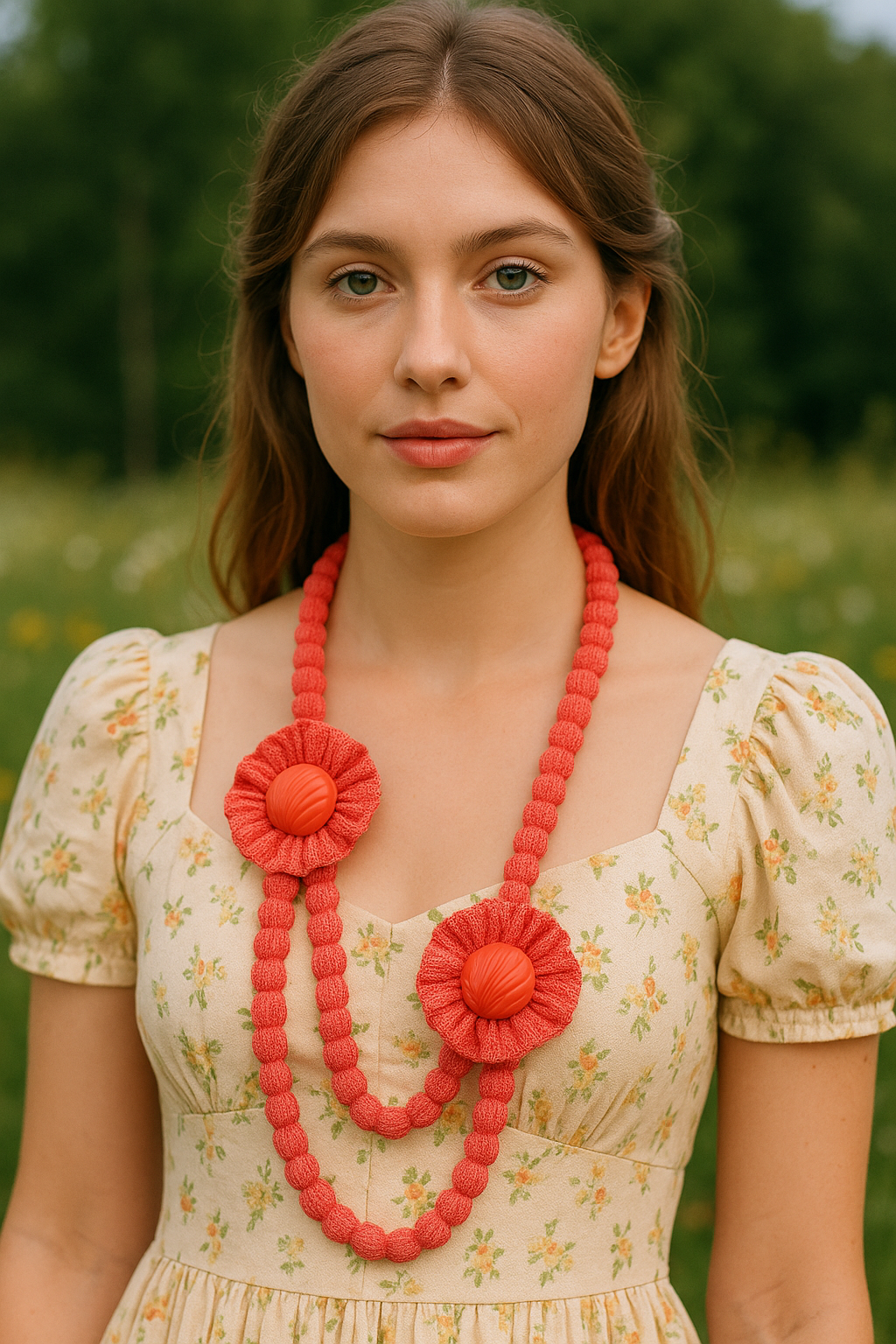 Handmade knitted coral floral necklace statement piece 