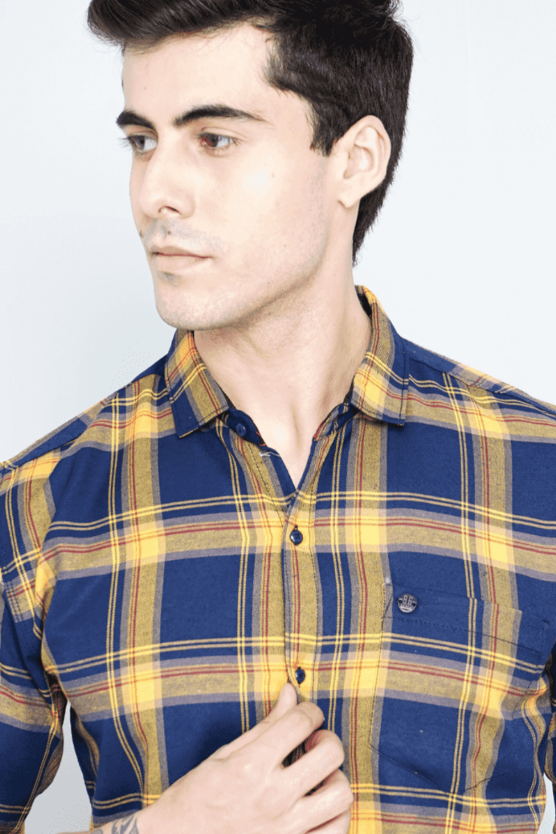 Men's Yellow and Blue Checked Shirt