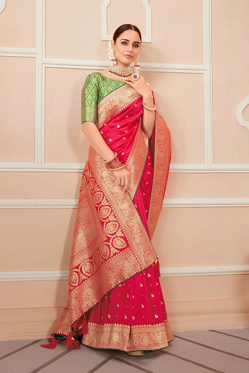 Red Silk Saree with Golden Embroidery