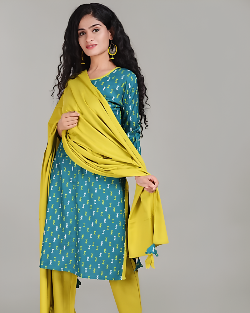 Blue and Yellow Printed Salwar Suit