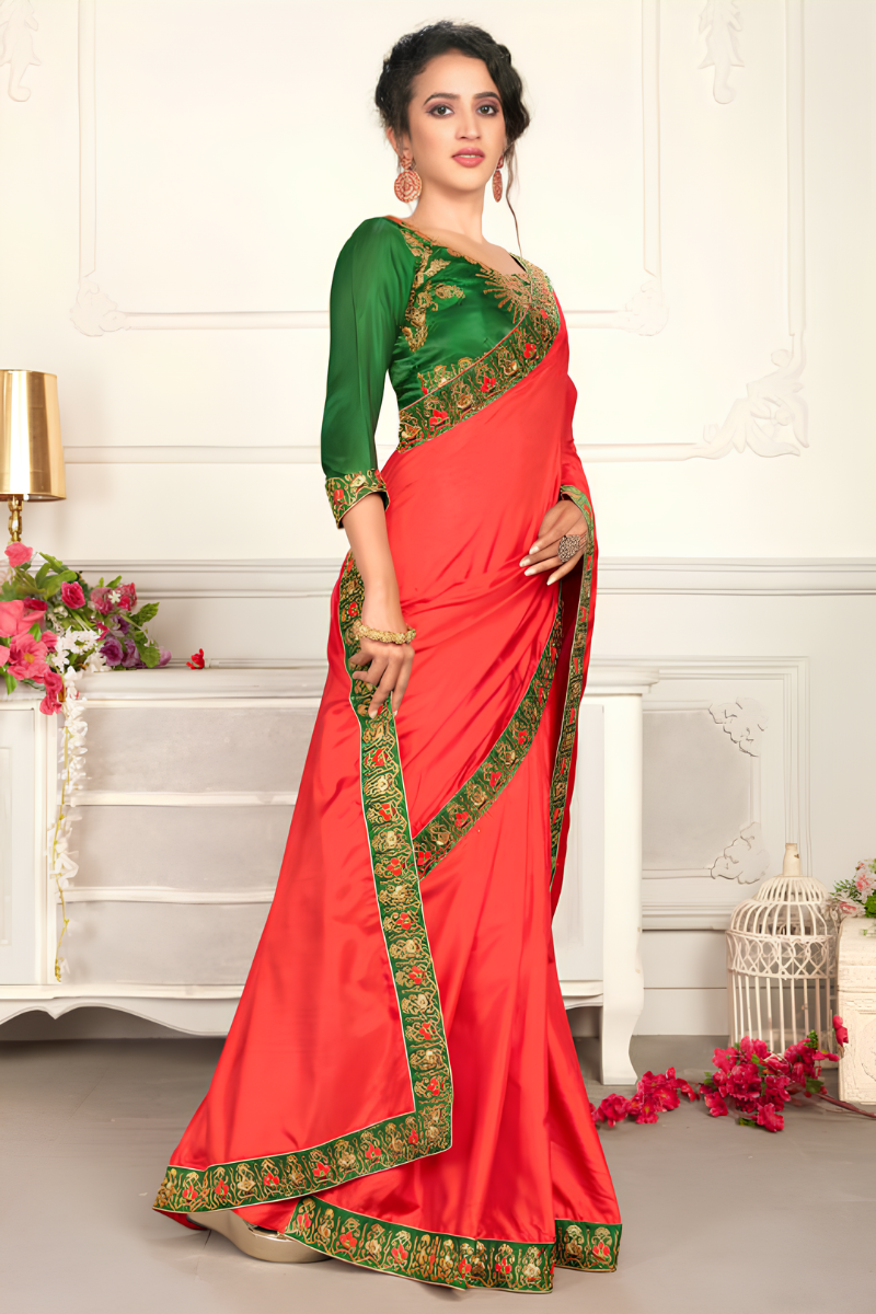 Red Silk Saree with Green Blouse