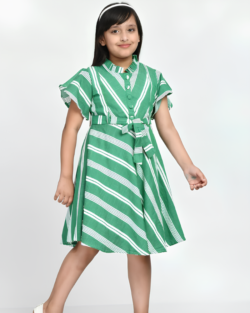Girls' Green Striped Cotton Dress
