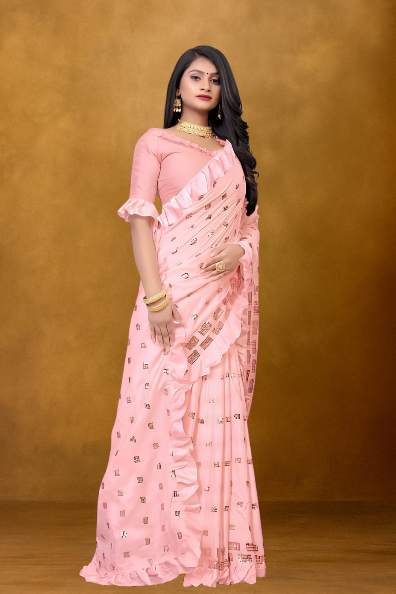 Elegant Pink Ruffle Saree