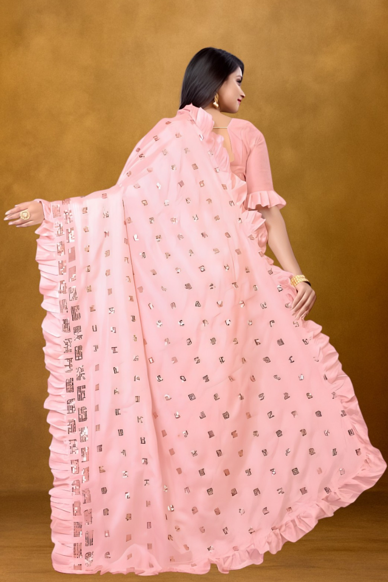 Elegant Pink Ruffle Saree