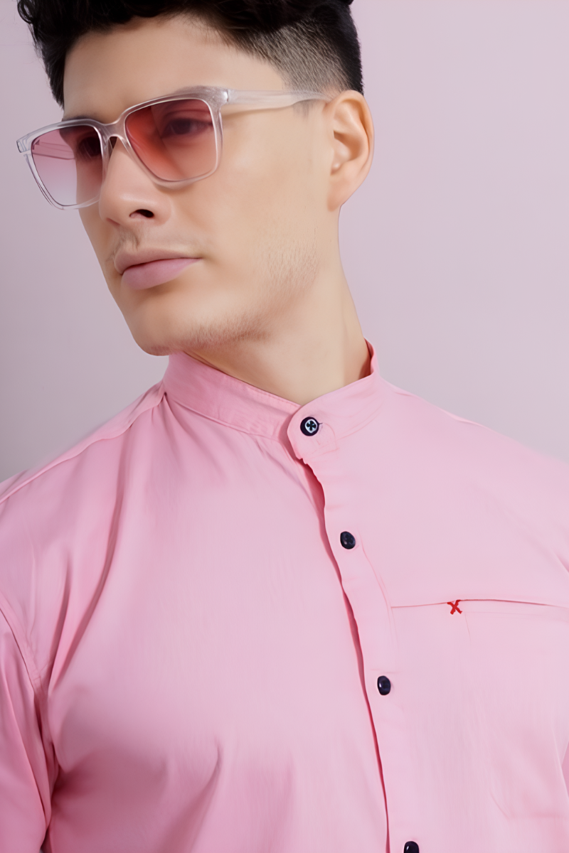 Men's Pink Mandarin Collar Shirt