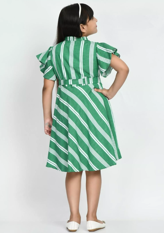 Girls' Green Striped Cotton Dress
