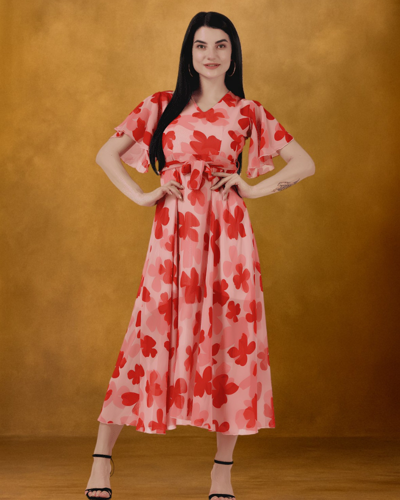 Floral Print Red Maxi Dress