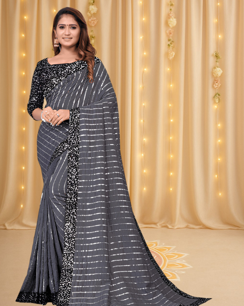 Elegant Grey Sequined Saree