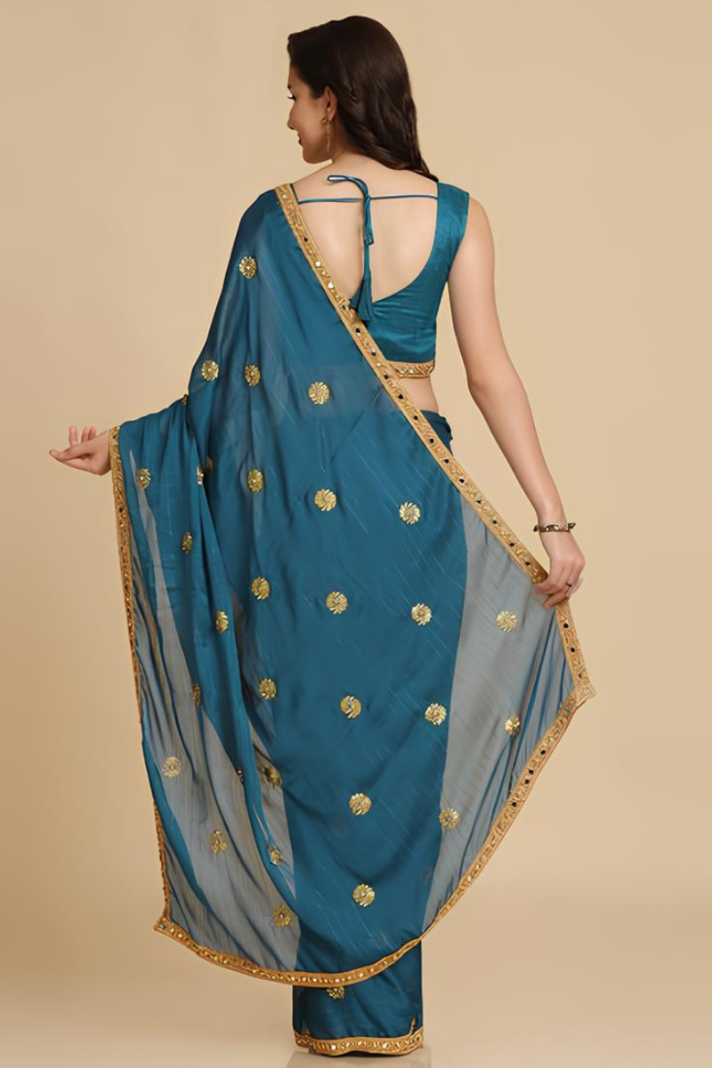 Teal Blue Embroidered Saree