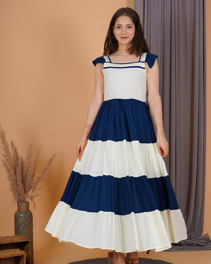 Blue and White Tiered Maxi Dress
