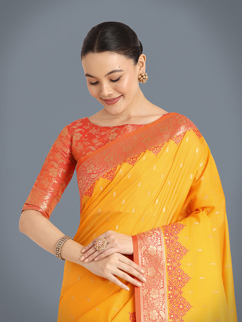 Traditional Yellow and Orange Silk Saree