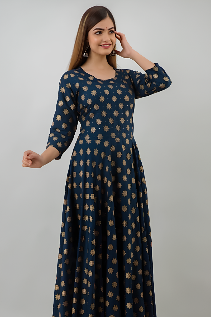 Elegant Navy Blue Printed Maxi Dress