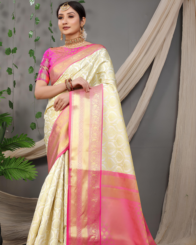 Elegant Ivory and Pink Silk Saree