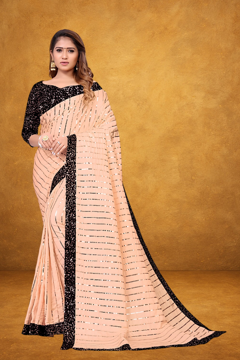 Elegant Peach and Black Sequined Saree