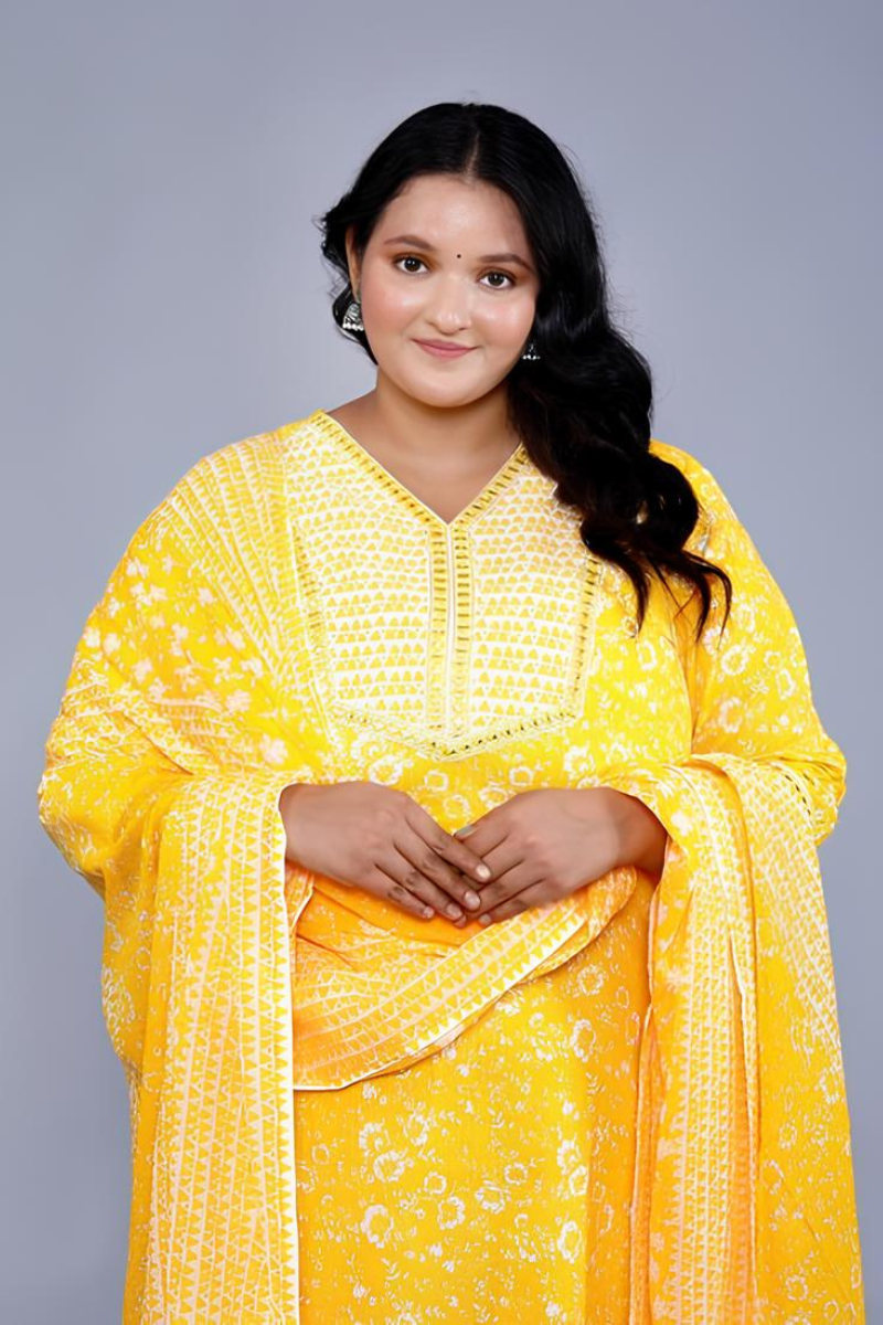 Yellow Floral Printed Kurta Set