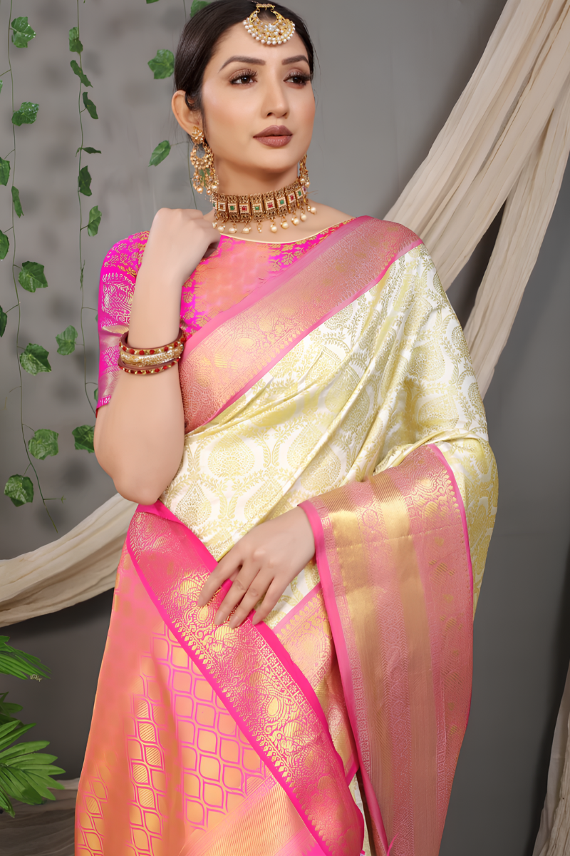 Elegant Ivory and Pink Silk Saree