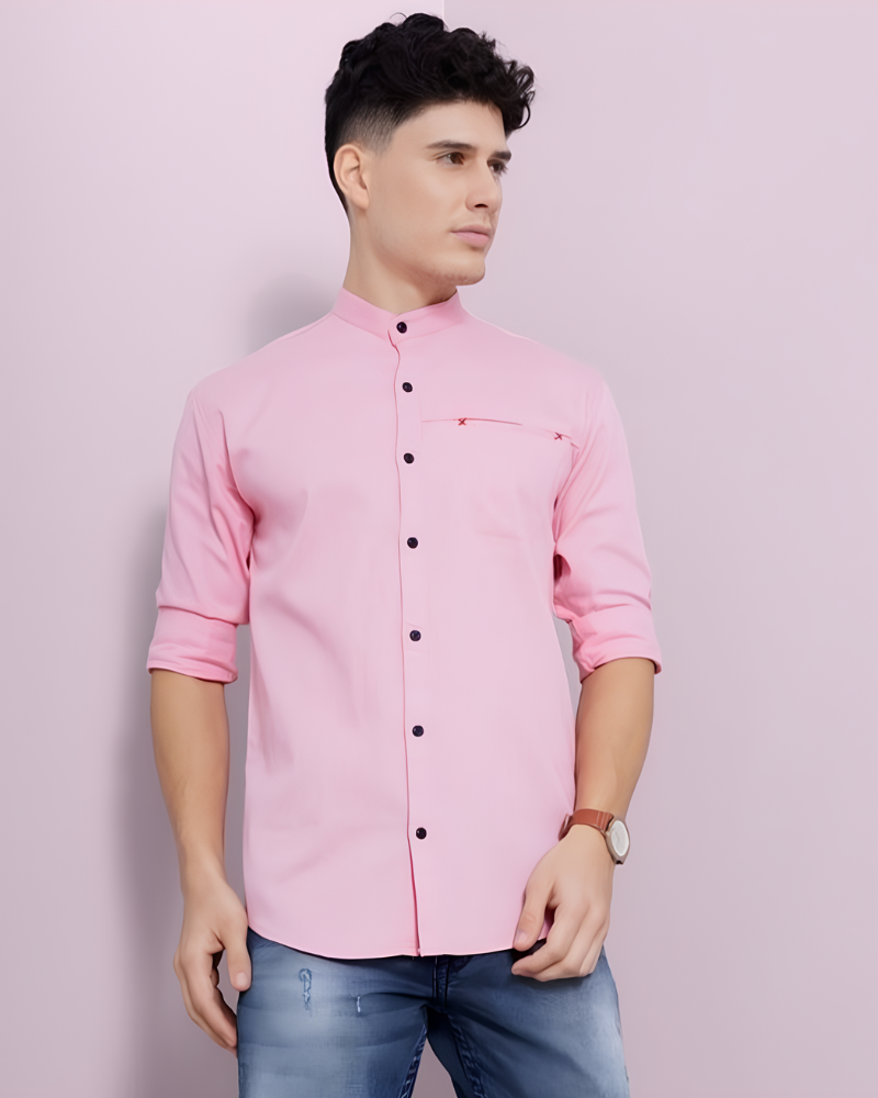 Men's Pink Mandarin Collar Shirt