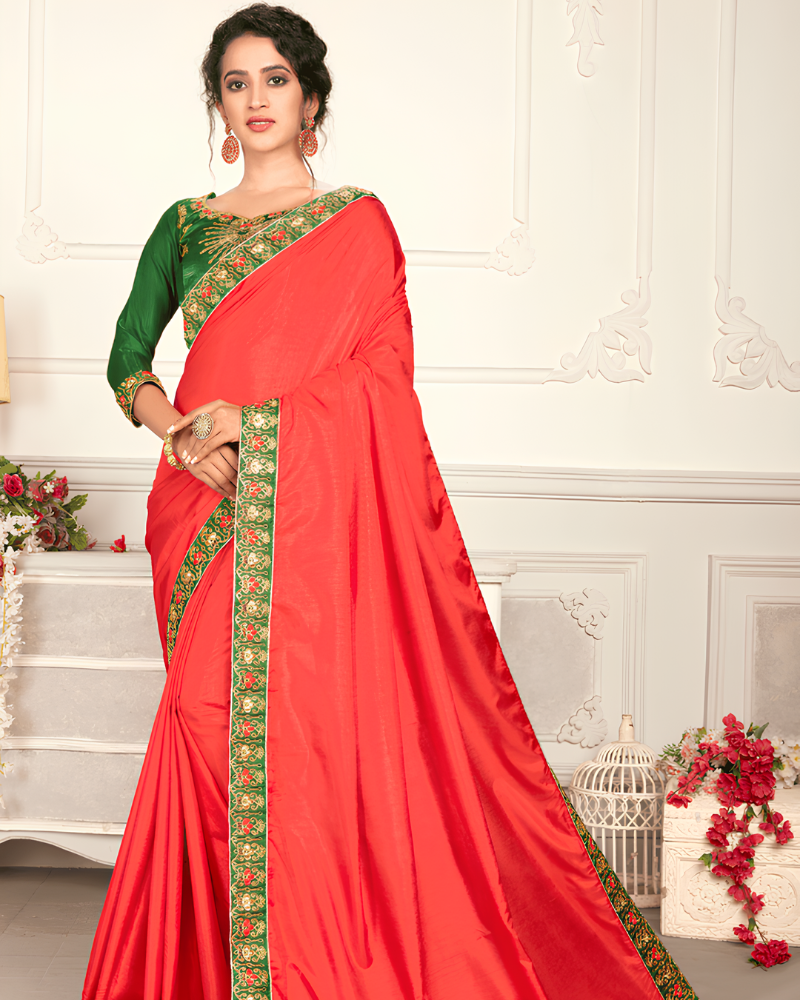 Red Silk Saree with Green Blouse