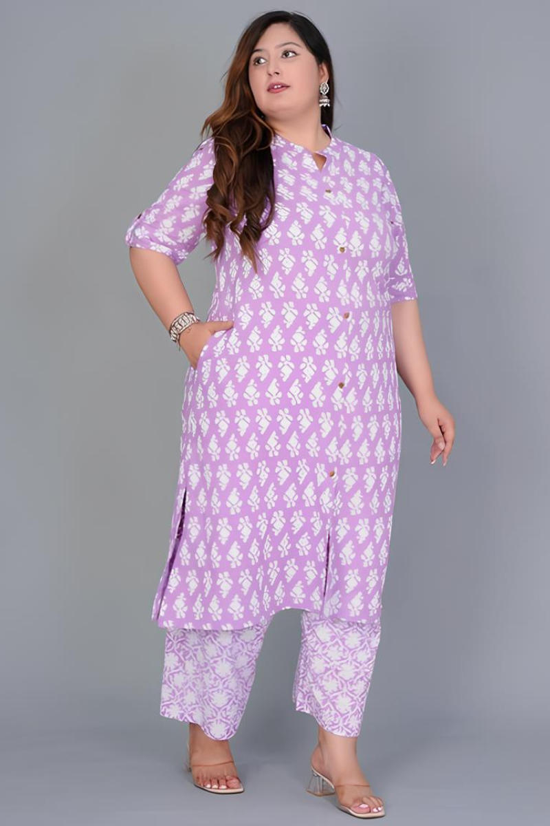 Plus Lavender Printed Kurta Set