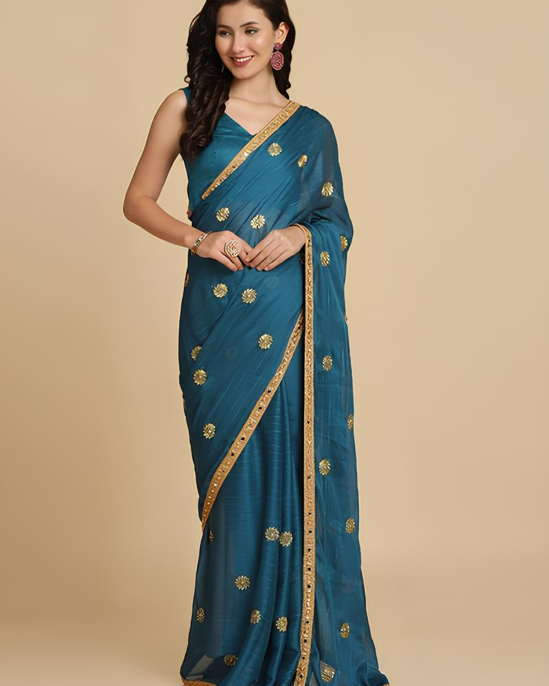 Teal Blue Embroidered Saree