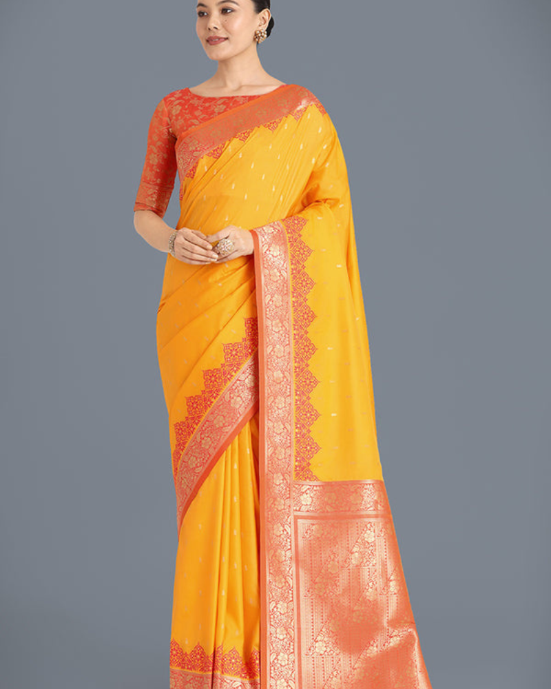 Traditional Yellow and Orange Silk Saree