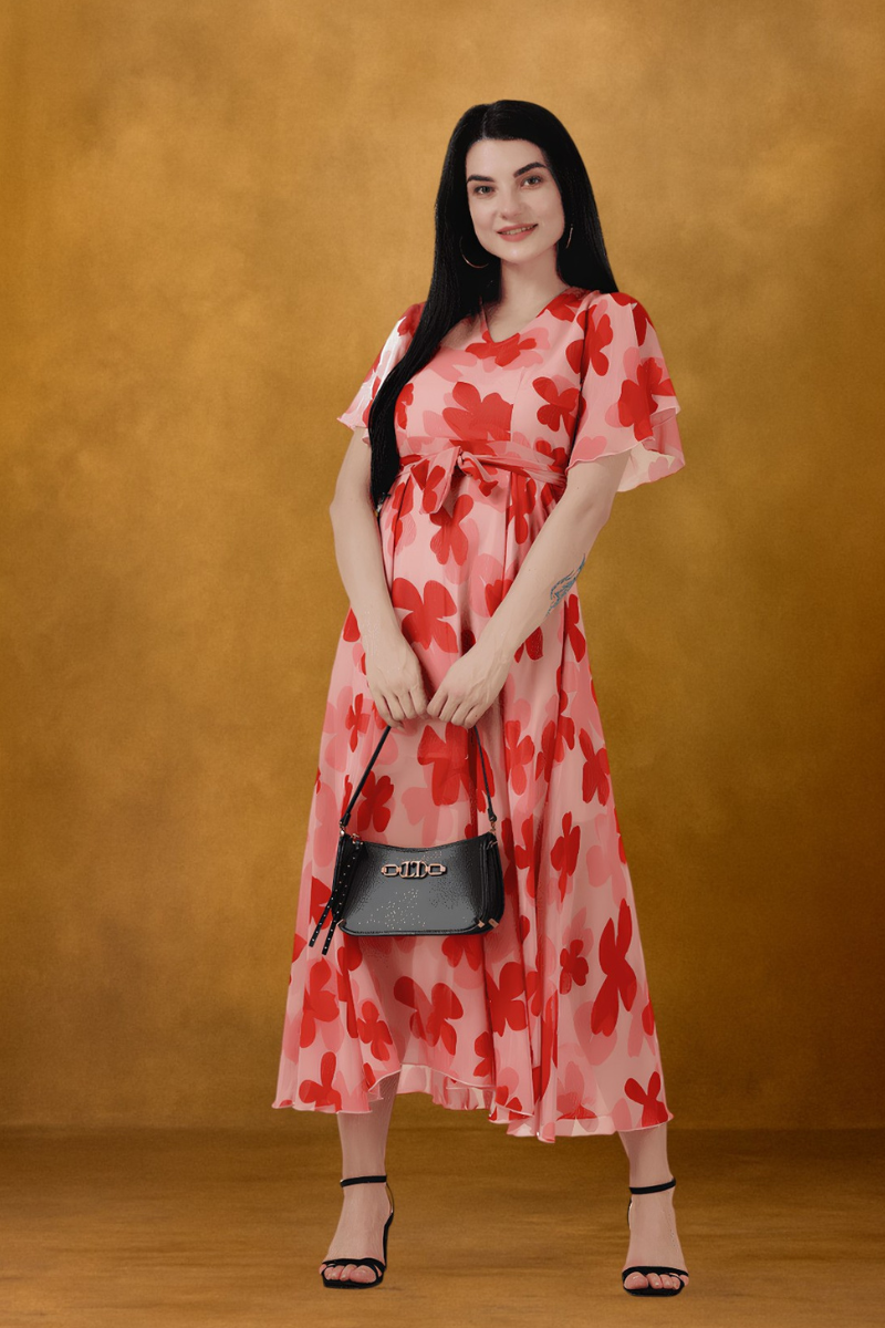 Floral Print Red Maxi Dress
