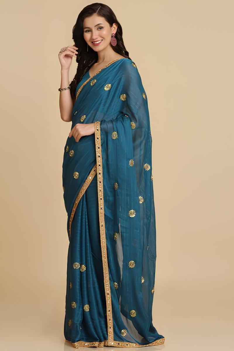 Teal Blue Embroidered Saree
