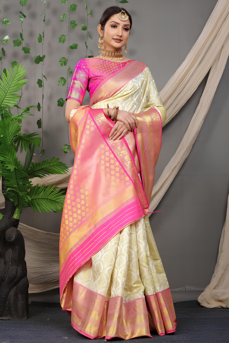Elegant Ivory and Pink Silk Saree
