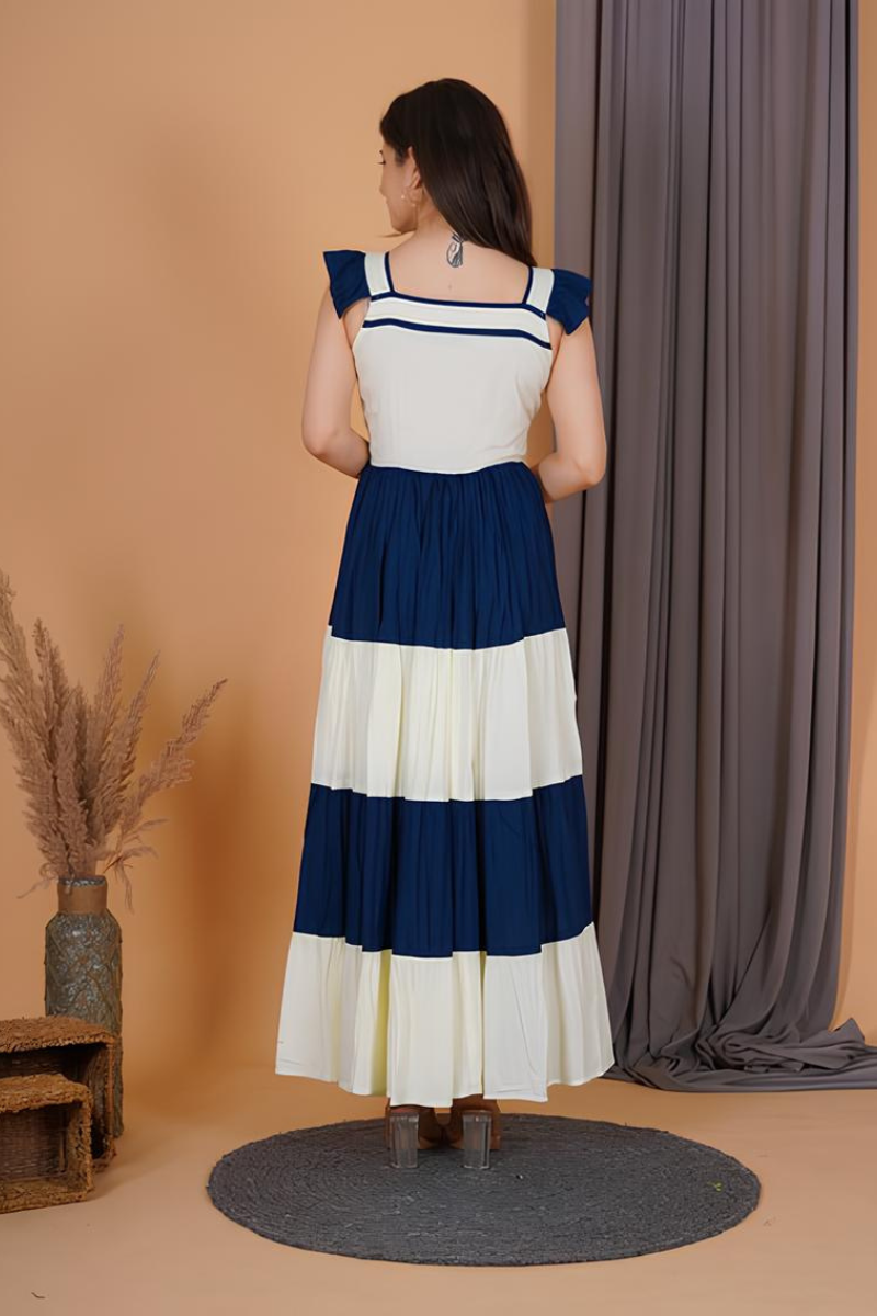 Blue and White Tiered Maxi Dress