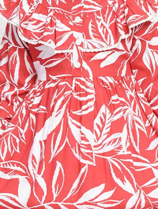 Girls' Red Leaf Print Dress