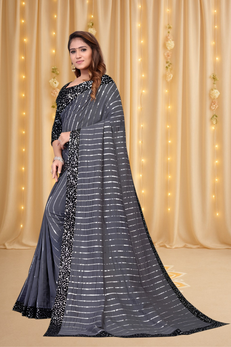 Elegant Grey Sequined Saree