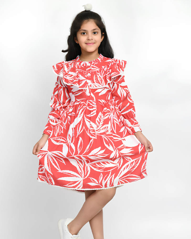 Girls' Red Leaf Print Dress