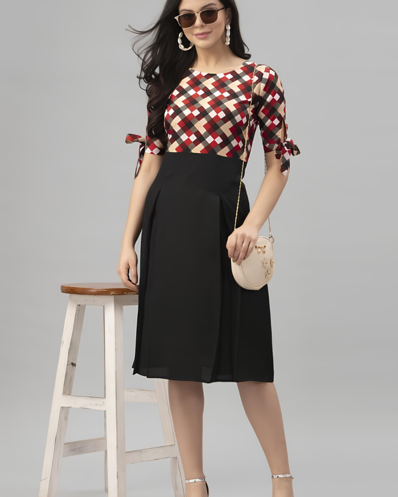 Checkered and Black Midi Dress