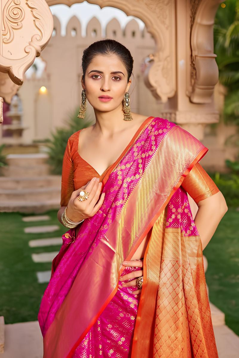 Traditional Pink and Gold Silk Saree