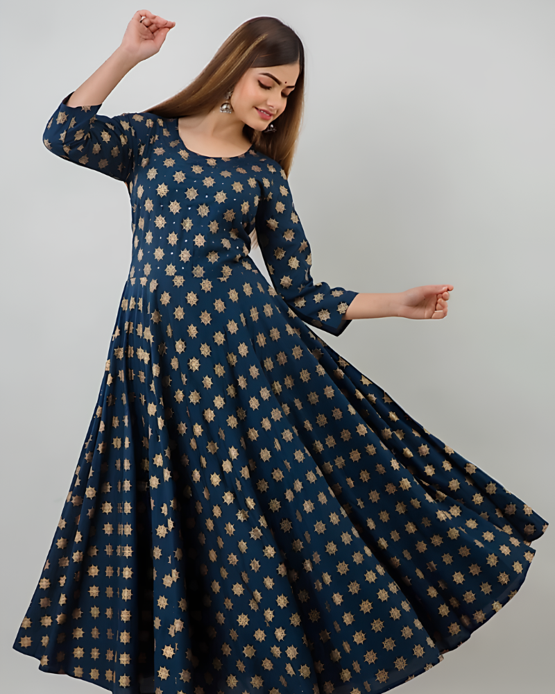 Elegant Navy Blue Printed Maxi Dress