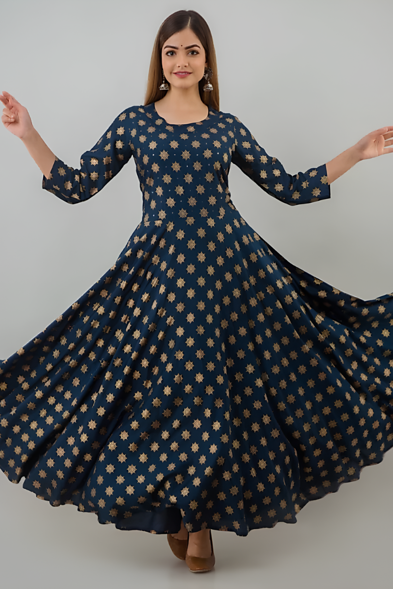 Elegant Navy Blue Printed Maxi Dress