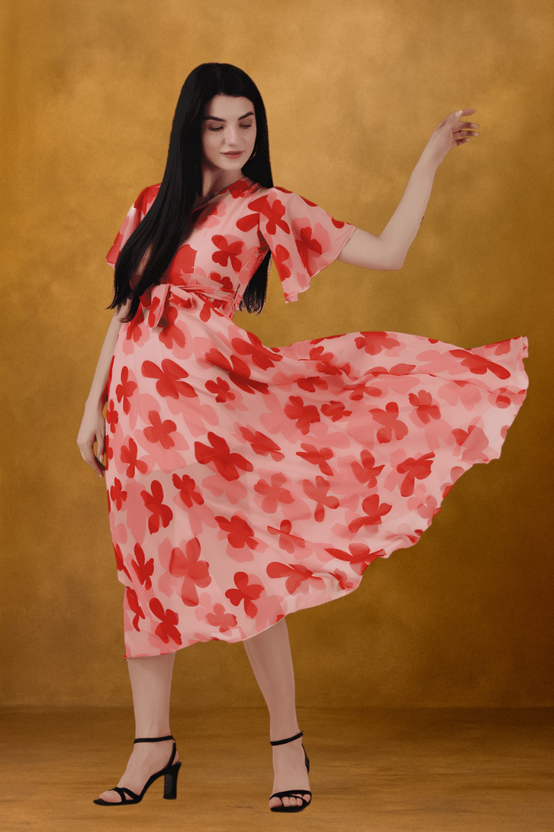 Floral Print Red Maxi Dress