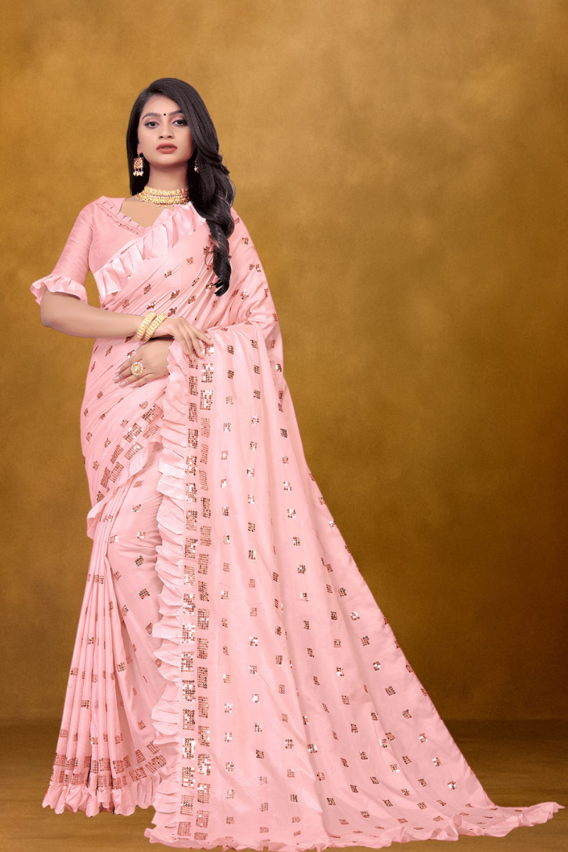 Elegant Pink Ruffle Saree