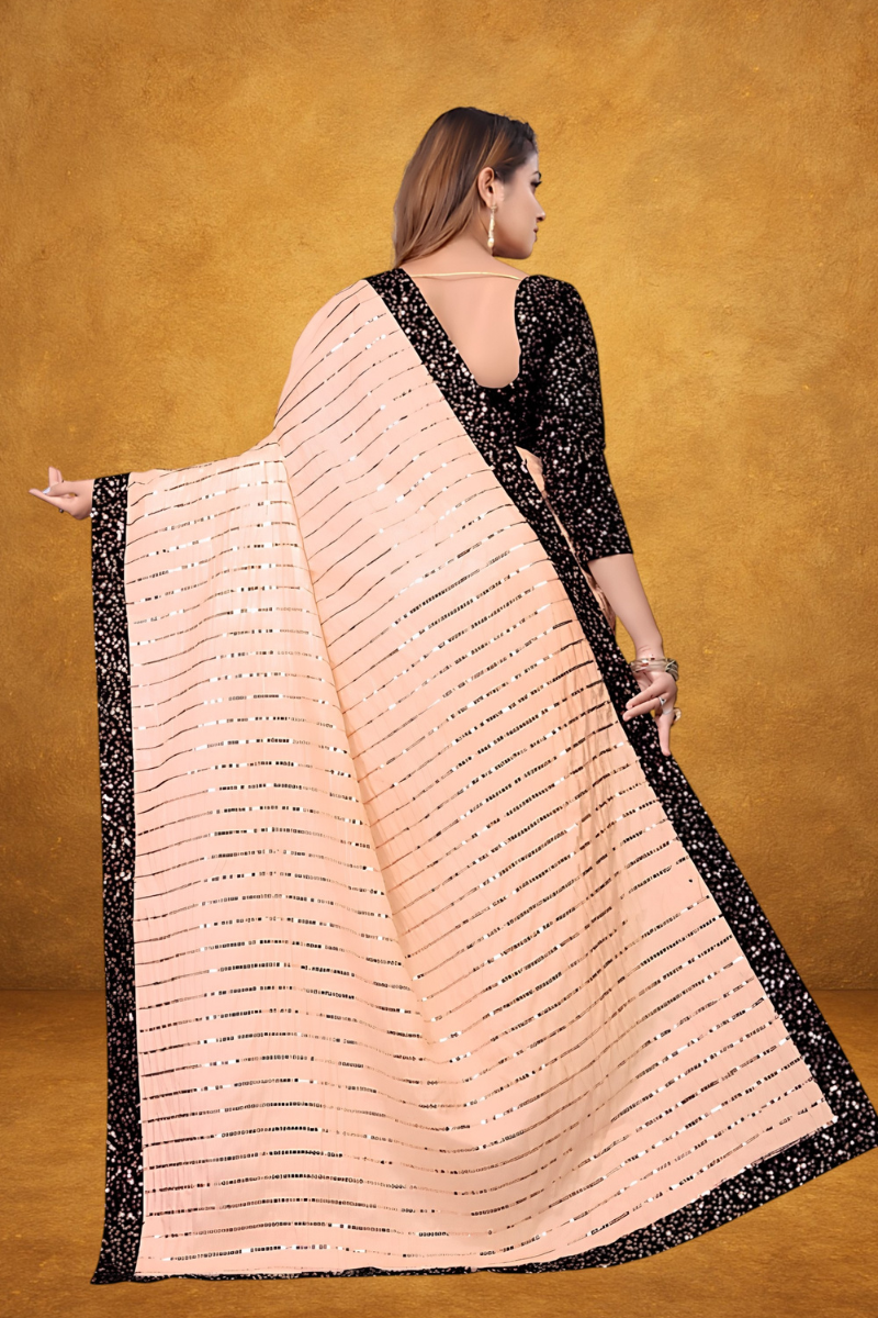 Elegant Peach and Black Sequined Saree