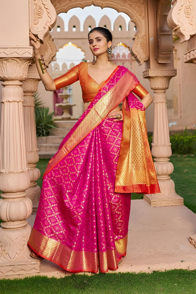 Traditional Pink and Gold Silk Saree