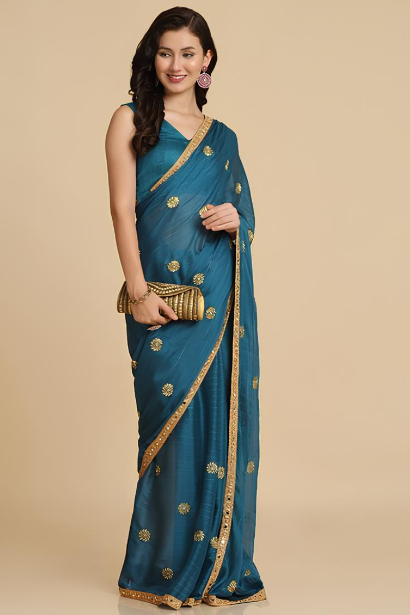Teal Blue Embroidered Saree