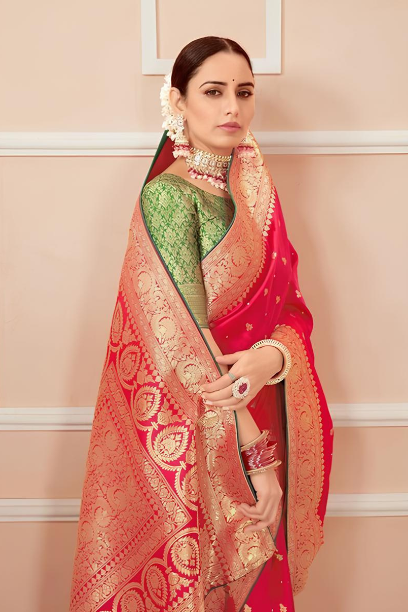 Red Silk Saree with Golden Embroidery