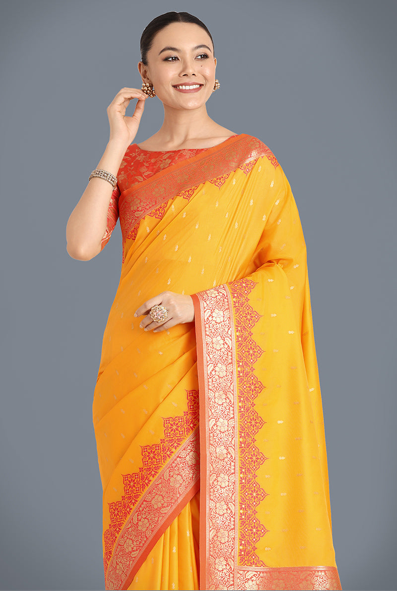 Traditional Yellow and Orange Silk Saree