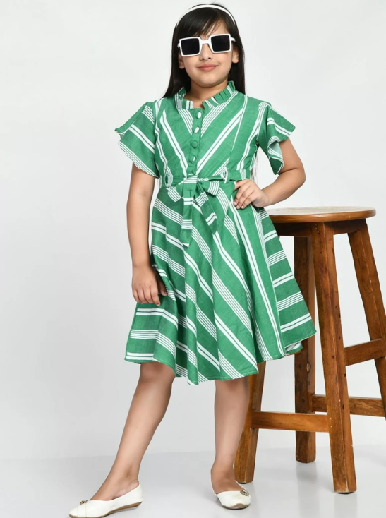 Girls' Green Striped Cotton Dress
